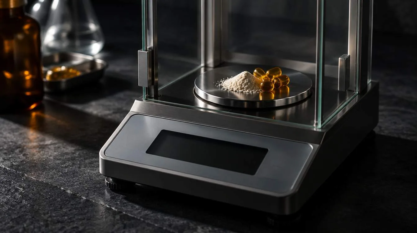 A precision laboratory balance weighing pale powder and amber capsules